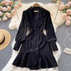 Lapel Puff-sleeve Ruffle Dress