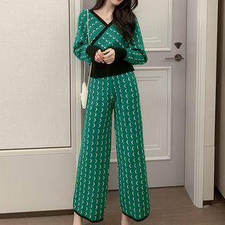 Set: V-neck Patterned Knit Top + Knit Wide-leg Pants