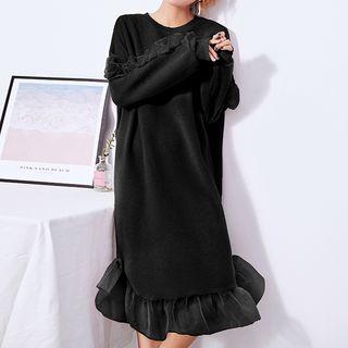 Long-sleeve Knit Organza Panel Midi Dress