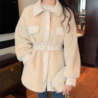 Fleece Lace Up Plain Button-up Coat