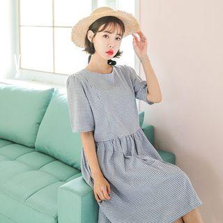 Elbow-sleeve Gingham Cotton Empire Dress