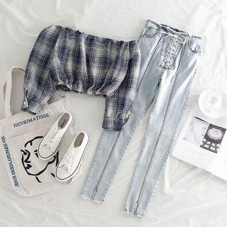 Off-shoulder Plaid Top / High-waist Lace Up Jeans