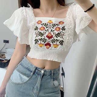 Flutter-sleeve Embroidered Crop Top White - One Size