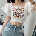 Flutter-sleeve Embroidered Crop Top White - One Size