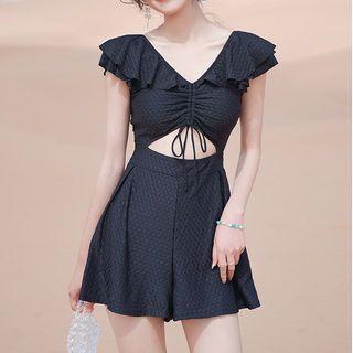 Set: Short-sleeve Cutout Swim Dress + Bottom
