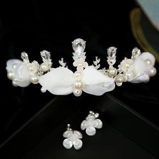 Faux Pearl Wedding Tiara / Flower Dangle Earring / Set