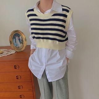 Plain Long-sleeve Shirt / Striped Cropped Knit Vest