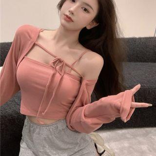 Set: Plain Cropped Cardigan + Camisole