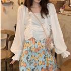 Square-neck Drawstring Blouse / Floral A-line Skirt