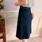 Pocket-detail A-line Denim Skirt Dark Blue - One Size