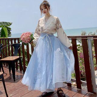 Traditional Chinese Long-sleeve Floral Print Top / Embroidered A-line Midi Skirt