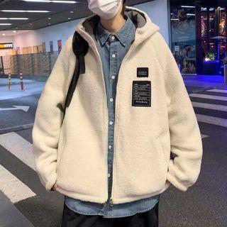 Applique Hooded Faux Shearling Zip Jacket
