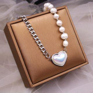 Love Heart Faux Pearl Necklace Silver - One Size