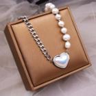 Love Heart Faux Pearl Necklace Silver - One Size