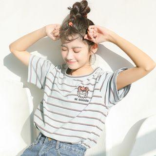 Short-sleeve Dog Embroidered Striped T-shirt