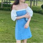 Puff Sleeve Off-shoulder Denim Panel A-line Dress