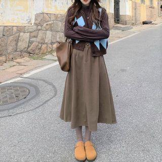 Argyle Sweater Vest / Midi A-line Skirt / T-shirt