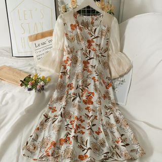 Two-tone Square-neck Printed Midi Dress