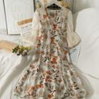 Two-tone Square-neck Printed Midi Dress