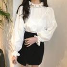 Plain Frilled Loose-fit Puff-sleeve Blouse