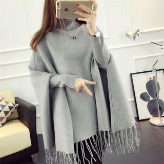 Tasseled Mock-neck Batwing Sleeve Sweater