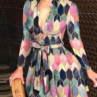 Rhombus Print Color-block Long-sleeve Mini A-line Dress