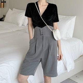 Set: V-neck Short-sleeve Blouse + High-waist Shorts