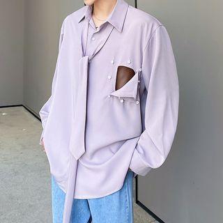 Detachable-pocket Tie-neck Shirt