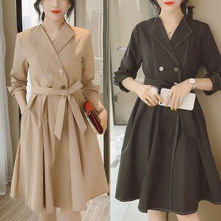 Long-sleeve Double Breasted A-line Coatdress