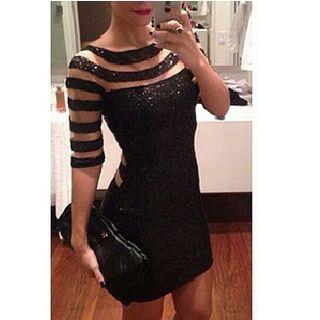 Elbow-sleeve Stripe-panel Sheath Dress