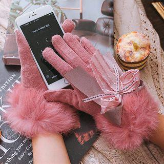 Furry Trim Bow-accent Gloves