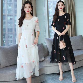 Short-sleeve Embroidered Midi Chiffon Dress / Long-sleeve Embroidered Midi Chiffon Dress