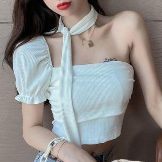 Short-sleeve One Shoulder Knit Top