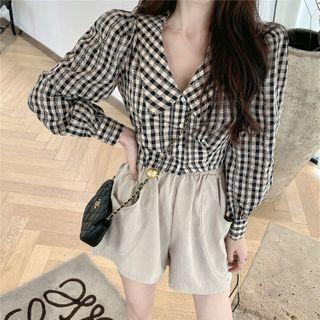 Long-sleeve Checked Button-up Blouse