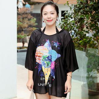 Set: Plain Bikini + Printed Cover Up