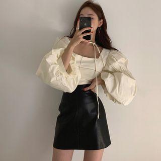 Puff-sleeve Blouse / Faux Leather Mini Skirt