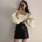 Puff-sleeve Blouse / Faux Leather Mini Skirt