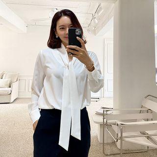 Scarf-neck Silky Blouse Ivory - One Size