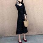 Dotted 3/4-sleeve Midi A-line Dress