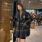 Plaid Double-breasted Oversize Coat / Plain Turtleneck Long-sleeve T-shirt / Mini A-line Skirt