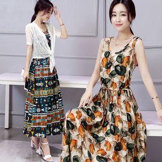 Set: Open-front Light Jacket + Sleeveless Printed A-line Midi Dress