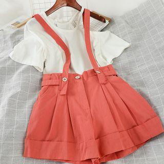 Set: Cold Shoulder Shot-sleeve Top + Suspender Shorts