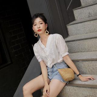 Frilled V-neck Eyelet-lace Blouse