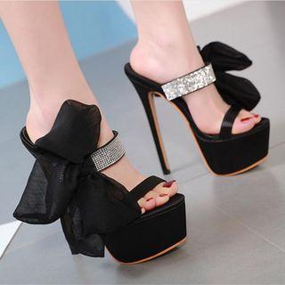Rhinestone Panel Bow-accent Platform High-heel Slide Sandals