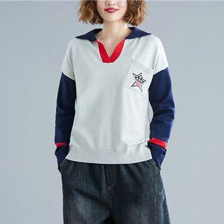Printed Color Block Sweater As Shown In Figure - One Size