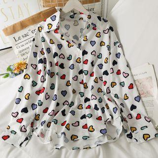 Heart-print Loose Long Shirt White - One Size
