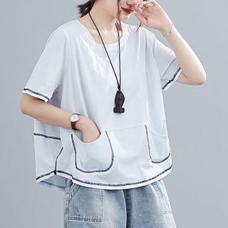 Contrast Stitching Short-sleeve Pocket T-shirt White - One Size