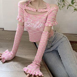 Set: Short-sleeve Cold-shoulder Tie-dyed Crop Top + Oversleeves Pink - One Size