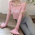 Set: Short-sleeve Cold-shoulder Tie-dyed Crop Top + Oversleeves Pink - One Size
