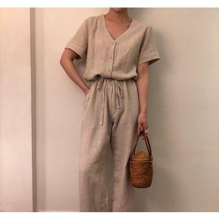 V-neck Short-sleeve Jumpsuit Light Khaki - One Size